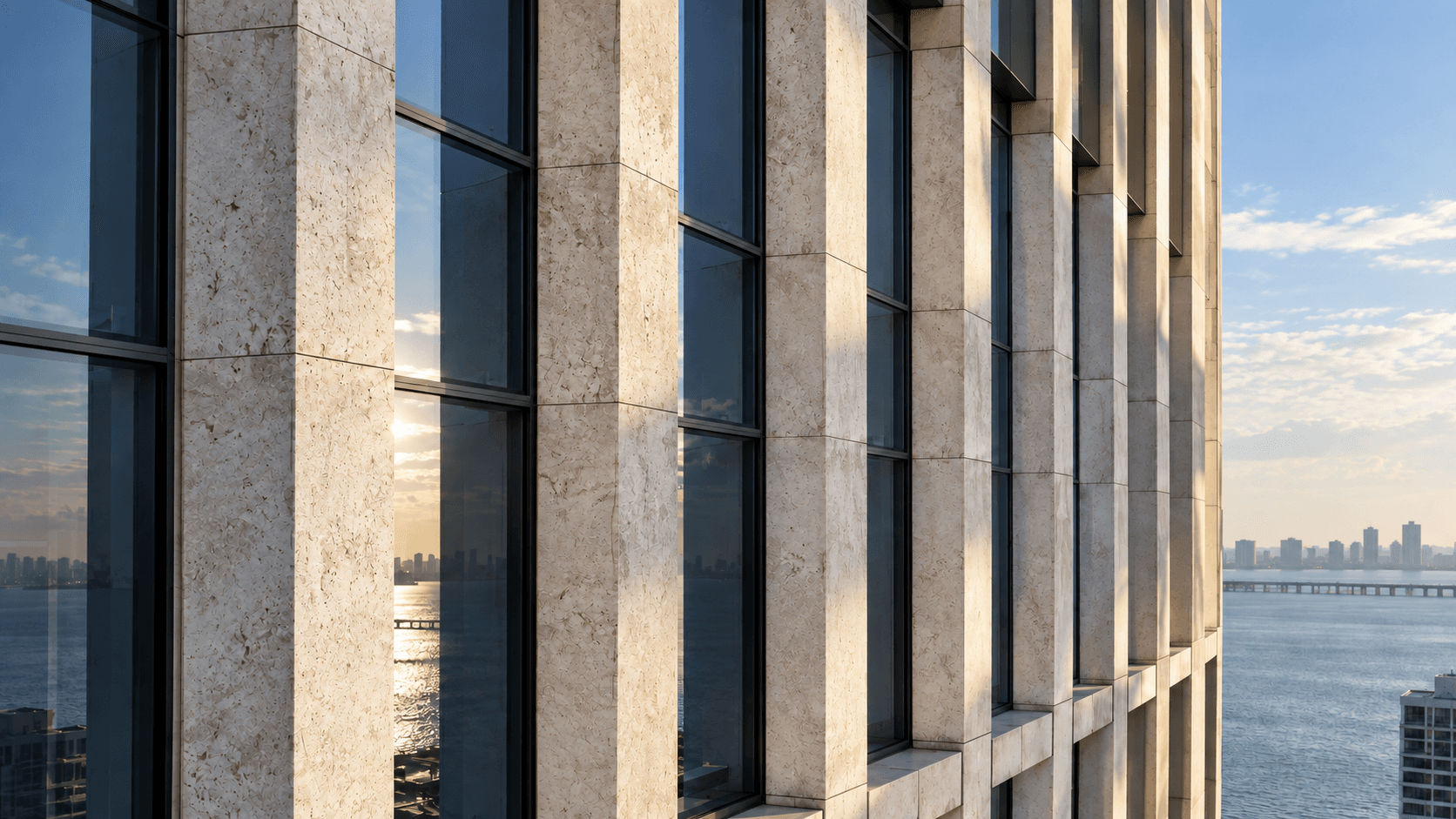 Pale limestone and blue glass overlooking the coastal skyline